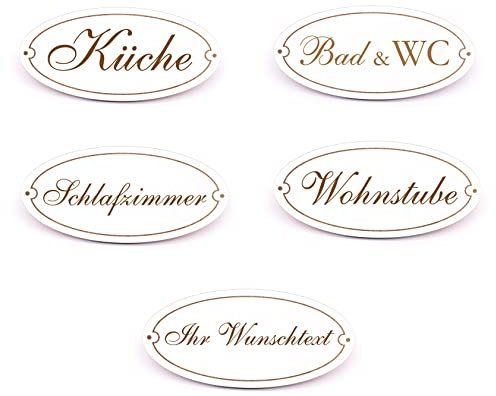 Türschilder Oval 4+1 Set Leitsystem Orientierung Ihre 5 Wunschtexte Beschriftung Personalisierung Schild Holz selbstklebend Vintage Türdeko 15 x 7 cm