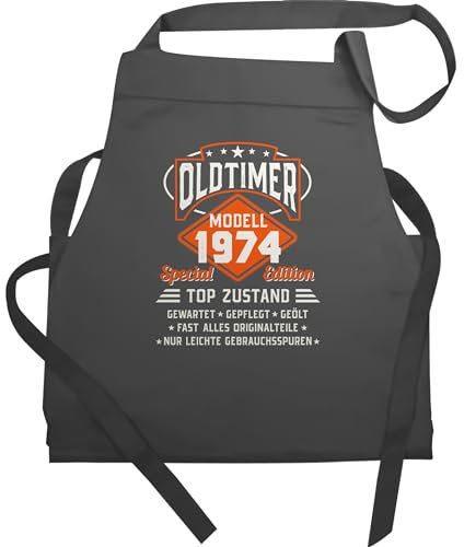 Schürze Geschenk - 50. Geburtstag - Oldtimer Modell 1975 - 60x87 - Anthrazit - kochschürze damen 50 50.geburtstag (50) küchenschürze 50er 1974 50iger motto fünfzig 50sten 50-geburtstag 50th zum