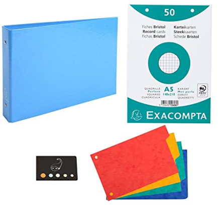 Classeur Pour Fiches + 100 Fiches Bristol A5 Quadrillées Perforées + 4 Intercalaires + 1 Index Adhésif Blumie (Bleu Ciel)