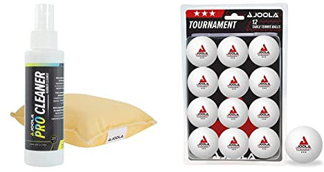 JOOLA Tischtennis Reinigungsset PRO Cleaner Belag Reiniger und Reinigungsschwamm, transparent, 125ml & Tischtennisbälle Tournament 3-Stern Selektierte 40+mm Durchmesser Premium, Weiss, 12 Stück
