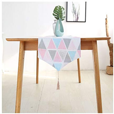 Lieson Tischläufer Dekostoff, Baumwolle Leinen Tischläufer Abwaschbar Wohnzimmer Tischläufer Weihnachten Dreieck Muster Blau Rosa Grau 30x140CM