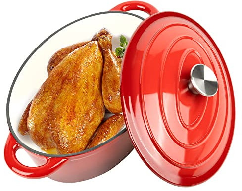 Oval Dutch Oven for Bread Baking, 4.5 Quart Non Stick Enameled Cast Iron Dutch Oven Pot with Lid, Oven Safe Oval Casserole with Lid up to 500°F for Baking, Braising, Stews, Roasting (Red)