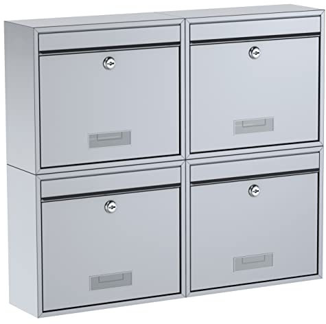 BASI Briefkasten 4er Set | Wandbriefkasten aus Stahl | Farbe Silber | mit Namensschild | Zylinderschloss mit 2 Schlüssel | inkl. Befestigungsmaterial | Briefkastenanlage | 4 Stück
