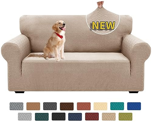XINEAGE Sofabezug 2 Sitzer, High Stretch Sofaüberwurf für Wohnzimmer, Moderne Sofaüberzug, Jacquard Sofa überzug für Hunde, Haustiere, Rutschfester Sofa Cover (2 Sitzer, Khaki)
