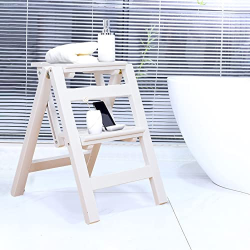 Holzleiter 2 Stufen, zusammenklappbar, für Bett, Küche, Schrank, Schlafzimmer, Badezimmer (weiß)