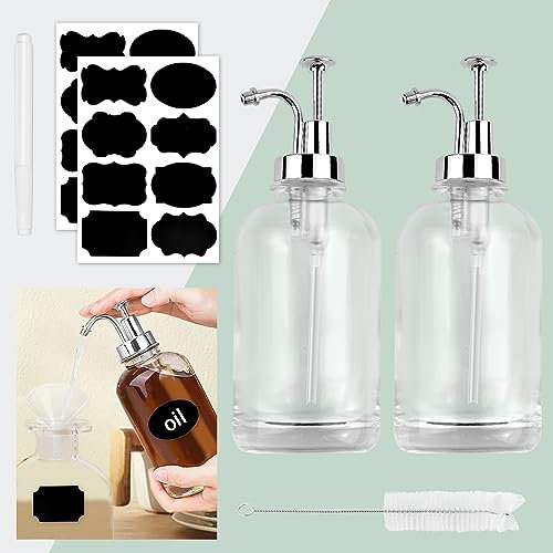 Kleemeiero 2 Stücke Kaffee Sirup Spender Glas 500ml Sirup Spender Silber Kaffeesirup Spender Pumpspender mit 16 Aufkleber Kaffeesirupspender 1 Trichter Essig und Ölflaschen Set für Küche Coffee Bar