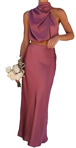 Set Di Due Pezzi Da Donna Completi Estivi Collo Alto Senza Maniche Asimmetria Top Set Di Gonne Lunghe Rose Red S