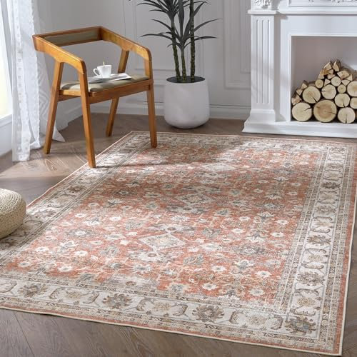 TOPICK Alfombra de área roja ladrillo 150 x 210 cm, alfombra vintage floral, antideslizante, delgada, lavable, cubierta de suelo, plegable, ligera, oficina, dormitorio, cocina