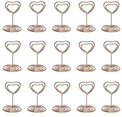 FSSTUD 20 Pcs Heart Shape Place Card Holders Table Number Stands Metal Table Card Holder Clips Wire Photo Picture Stand Note Memo Menu Clips for Wedding Rose Golden