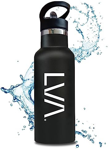 LVA Botella Termo 750ml Agua, Café o Té helado de Acero Inoxidable con mosquetón | Niños y Adultos | Sin BPA | Reutilizable | Deporte, Viajes, Oficina, Colegio | Fácil Lavado (750ml, Negro)