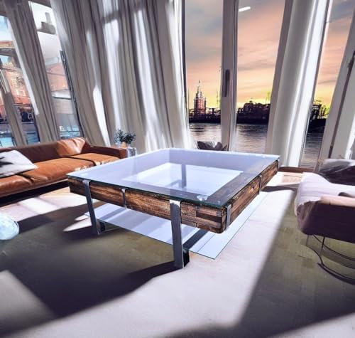 CHYRKA® LEMBERG DROHOBYCZ Loft Table basse en bois massif et verre Bois et verre (Lemberg-Nature, 120 x 120 cm, hauteur = 50 cm)