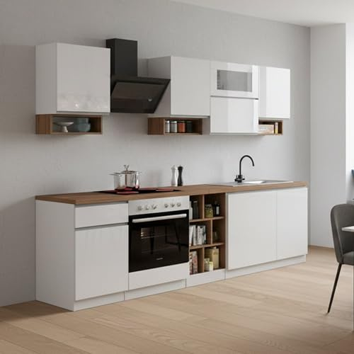 Dmora - Vollständige Küche Ronnie, Set mit Speisekammer, Küchenzeile Schrank, Linearer Blocksatz, 100% Made in Italy, 255 x 60 x 85 cm, glänzendes Weiß und Eiche