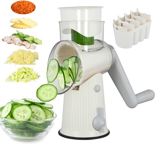 Käsereibe mit Kurbel, 5 in 1 Manuelle Trommelreibe mit 10 Abnehmbaren Edelstahl Trommelblättern, Gemüseschneider Reibe Kartoffelschneider Obst Gemüse Cutter Küchenhelfer für Käse Gurken Karotten Nüsse
