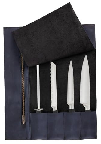 Full Grain Handmade Waxed Blue Leather Knife Storage Roll, Tool Holder, Leather Knife Roll Bag,Handcrafted Chef Birthday Gift, Chef Case Knife Storage Roll(4 Pockets)