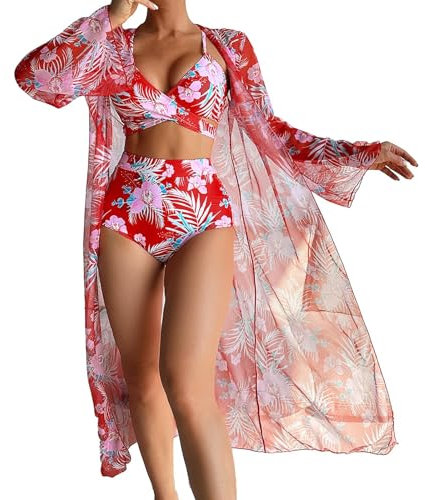 Ensemble Bikini 3 Pieces Femme avec Pareo Push Up Short Taille Haute Maillot De Bain Femme Grande Taille Chic Imprimé Fleurs De Piscine Natation Sport,Swimwear De Plage Mode