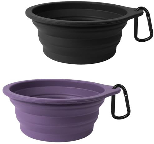 PetBonus 2-Pack Collapsible Dog Bowls, Portable Travel Dog Water Food Bowls | 600ml, Silicone, Foldable Expandable Cat Feeding Dish, 2 Carabiners, BPA Free, Dishwasher Safe (Black, Dark Purple)