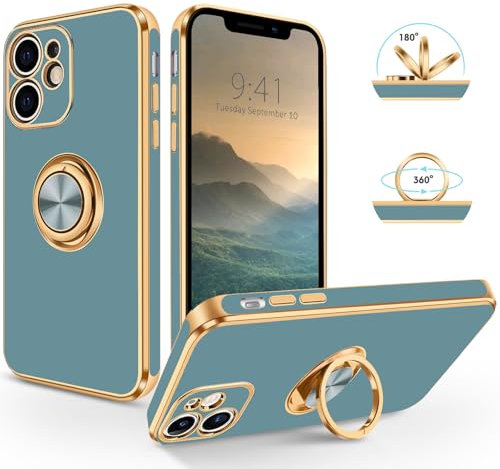 SouliGo iPhone 12 Hülle, iPhone 12 Handyhülle Slim weiche TPU Silikon Case Cover mit 360 Grad Ring Halter Ständer stabil Kratzfest Hülle für iPhone 12 6.1'' Weiß Gold