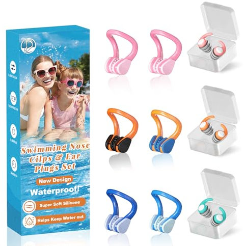 Swimming Nose Clip Ear Plugs - 9 Packs Silicone Swim Nose Plugs with Earplugs for Kids,Waterproof Pool Nose Plugs for Diving Surfing and Other Water Sports with Storage Box,Multi-Color