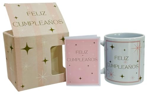 Taza de Cafe Feliz Cumpleaños con Caja y Tarjeta Felicitación | Regalos Originales para Hombre, Mujer, Familia | Tazas Originales para Regalar | Taza de Cerámica de 325ml