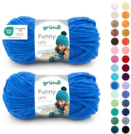 Gründl Wolle Funny uni - weiche Chenille Wolle zum Häkeln - Kuschelig und hautfreundlich - 100% Polyester - 2 Knäuel 100 g / 120 m - Nadelstärke 5-6, Royalblau