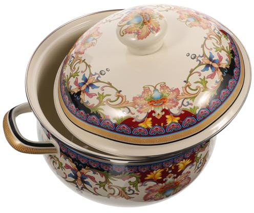 Cabilock 22cm Vintage Enamel Stockpot Lid Double Handle Floral Pattern Soup Pot Multipurpose Cooking Pot Suitable for Gas and Induction Cookers