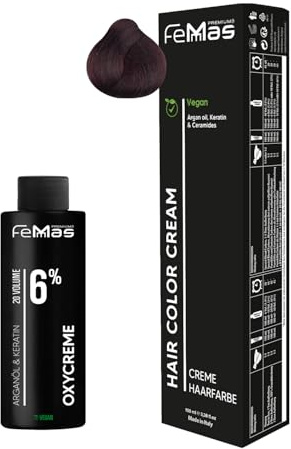Femmas Set de tinte para el cabello marrón claro rojo 5.6 I Hair Color Cream 100 ml + crema de óxido 100 ml 6% I coloración permanente del cabello + desarrollador I Suave y duradero I Tinte de pelo de