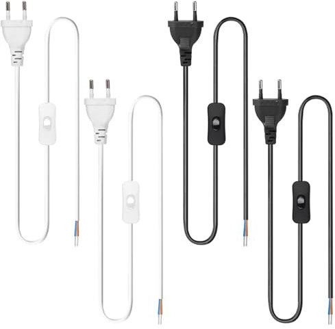 4 Stücke Kabel mit Schalter: Lampenkabel mit 3 m Kabel und Stecker, Anschlusskabel mit Stecker, Kabelstecker, Eurostecker, Stromkabel 2 x 0,75 mm² für Leuchten, Lampen, Leuchtmittel