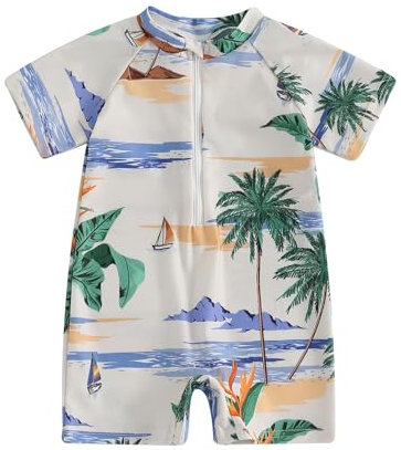 Nicoxijia Toddler Baby Boy Shark Swimsuit Sun Protection Short Sleeve Bathing Suit Summer One Piece Zip Up Rash Guard Swimwear (White, 12-18 Months)