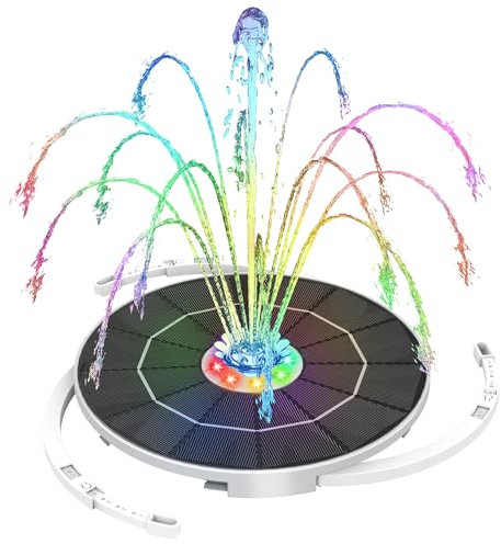 AISITIN Fuente Solar Jardin Exterior 5,5W LED con Soporte Ajustable, Bomba de Agua Solar con Batería Recargable, Diferentes Boquillas y Luz Multicolor para Piscina, Estanque Jardin, DIY