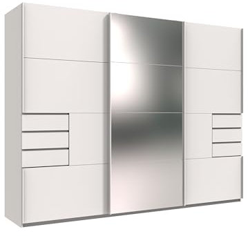 Schwebetürenschrank >Saigon< in Weiß mit Spiegeltür, 270 cm breit, 208 cm hoch, 64 cm tief, inkl. 6 Einlegeböden, 6 Schubladen, 2 Kleiderstangen, Made in Germany, zerlegt geliefert