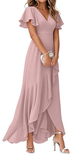 Minetom Robe De Soirée pour Mariage Invité Longue Femme Col V Mousseline A Line Manches Courtes Plissé Fendue Fluide A Rose S