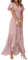 Minetom Robe De Soirée pour Mariage Invité Longue Femme Col V Mousseline A Line Manches Courtes Plissé Fendue Fluide A Rose S