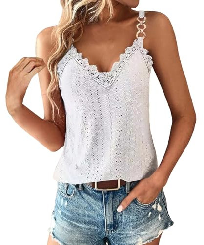 YueYue Débardeur sexy avec bordure en dentelle pour femme, chemise d'été à bretelles spaghetti, chemise tendance ajourée au crochet sans manches avec manches, blanc, L