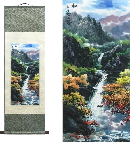 AtfArt Silk Scroll Painting, Asian Wall Decor, Autumn Landscape, 36.2x12in | Four Seasons Landscape, Autumn Chinese Art Scroll for Living Room, Bedroom, Office Decor