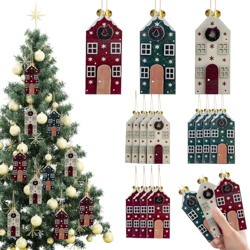 24 Stück Weihnachtsbaumschmuck Holz, Weihnachtsanhänger Holztür Design, Weihnachtsbaum Deko Holz, Holzhaus zum Basteln, kleines hängendes Ornament mit Seil für Urlaub