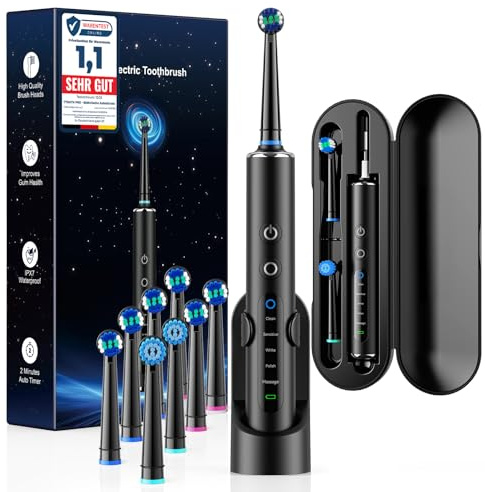 Brosse à Dents Électrique Rotative Pour Adultes et Enfant, 3 Intensités 5 Modes, Brosse à Dent Électrique avec 8 Têtes de Brosse, Étui de Voyage, Étanche IPX7, Batterie 120 Jours(Noir Profond)