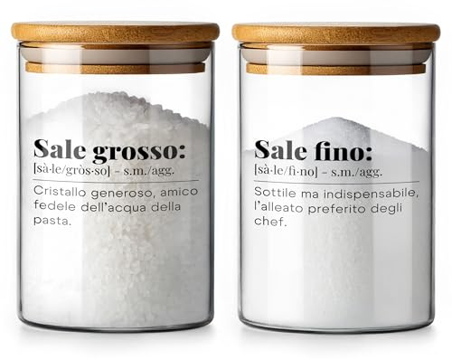 TUNDRA - Set 2 Barattoli Sale Fino e Grosso in Vetro Borosilicato con Chiusura Ermetica da 800ml - Porta Sale con Coperchio in Bambù, Contenitori Vetro Cucina Porta Spezie