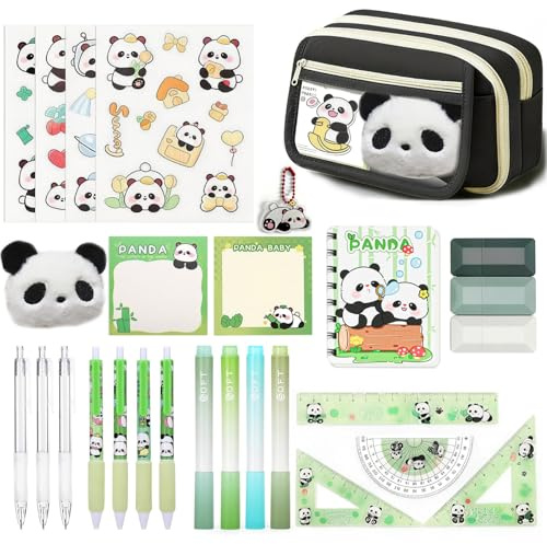 yolzhxe 28 Stück Panda Schreibwaren Set, 3 Etagen Federmäppchen Panda | mit Mäppchen Textmarker Gelstifte Lineal, Schreibwaren set für Schüler, für Notizen Oder Tägliche Hausaufgaben