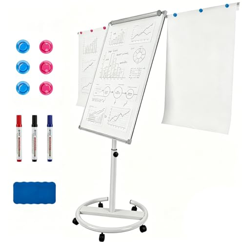 100x70cm Flipchart Ständer, Magnetische Whiteboard Mobil mit Papierklammern, Magneten auf Rollen Höhenverstellbar 157-195cm, Trocken Abwischbar, Magnetisch, für Büro Schule Zuhause