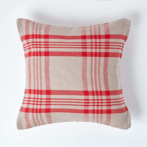Homescapes Karierte Kissenhülle mit schottischem Tartan-Muster 45 x 45 cm, Kissenbezug für Sofakissen/Zierkissen aus 100% Baumwolle mit Reißverschluss, Schottenmuster rot-grau