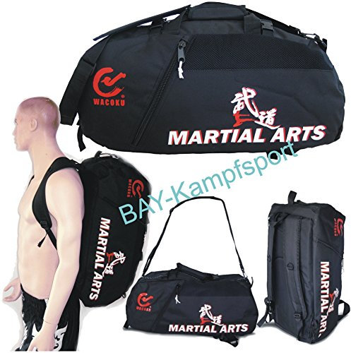 BAY XL Sporttasche Martial Arts im Rucksack Syte shoulder bag Kickboxen Kick-Boxen, Kampfsport, Budo, MMA, Thaiboxen Muay Thai, Tasche, Trainingstasche, Kickboxtasche Bag, schwarz, Rucksack Rucksacktasche Kombietasche Kampfsporttasche Judo Karate Cross Body Bag Kung Fu Ju-Jutsu Taekwondo UFC Freefight Fighter Aikido