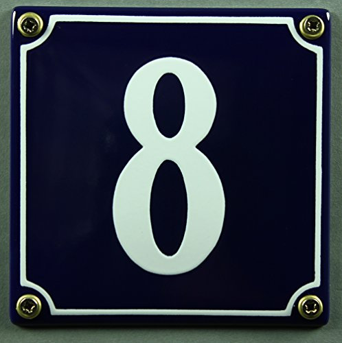 Emaille Hausnummernschild - Wählen Sie Ihre Nummer - Zahlen 1 bis 30 verfügbar - blau/weiß 12x12 cm und 12x14cm - sofort lieferbar! Hausnummer Schild wetterfest und lichtecht (8 blau/weiß 12x12cm)