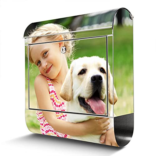 banjado® Briefkasten Edelstahl personalisiert mit eigenem Motiv 38x43x12cm & 2 Schlüssel - rostfreier Edelstahl Briefkasten mit Zeitungsfach - Postkasten A4 Einwurf inkl. Montagematerial