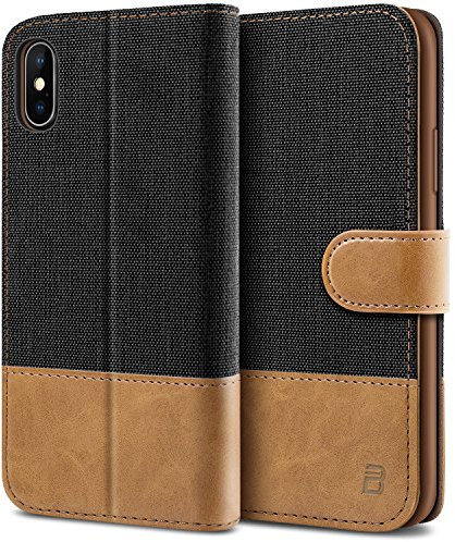 BEZ Handyhülle für iPhone X Hülle, Tasche Kompatibel für iPhone X, iPhone XS Handytasche Schutzhülle [Stoff und PU Leder] mit Kreditkartenhaltern, Schwarz