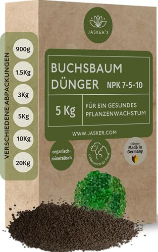Buchsbaum Dünger 5 Kg - 100% Tierfreundlich - Ideal als Dünger für Buchsbaum Hecken - Viel Kalium & Magnesium für frischgrüne Blätter - Organischer Buchsbaumdünger Langzeitdünger