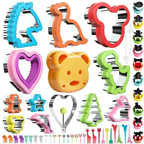 Ausstechformen Set, Brot Ausstecher Set, Brotausstechformen für Kinder, Sanwich Gemüse Obst Ausstecher, Edelstahl, Komfortgriff Abnehmbar, Micky Maus Dinosaurier Formen (53 Stück)