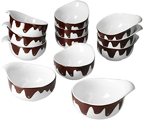 MamboCat 12er-Set Fondueschälchen Blob I 150ml I 12x Servier-Schale für Löffel-Dessert I Schokofondue-Set I Porzellan-Geschirr weiß mit Kleckse Schokobraun Dekor I Gastro-Artikel Küchen-Zubehör