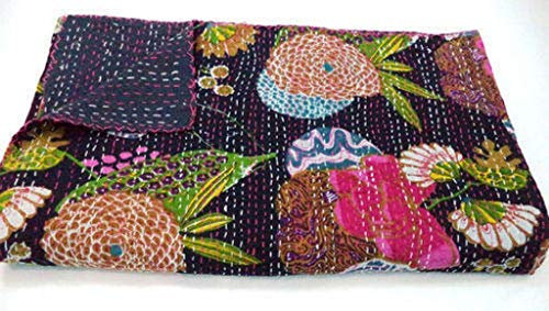 YUVANCRAFTS Indian Handmade Black Fruit Print Kantha Quilt Twin Size Cotton Kantha Throw Blanket Bedspread Single Quilt