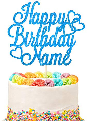 Personalised Happy Birthday Cake Topper | Customized Name Cake Decoration | Double Sided Glitter Card | Blue