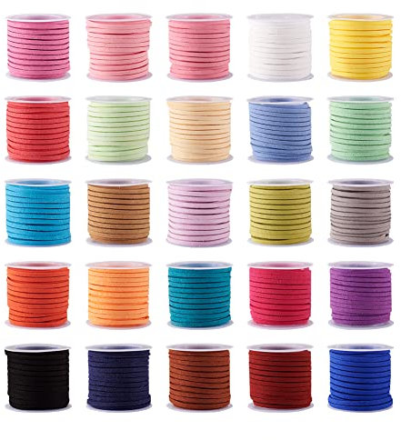 Cheriswelry 25 Rolls 3mm Faux Suede Cords Flat Leather Cord Beading Threads for Jewelry Bracelet Making Mixed Color